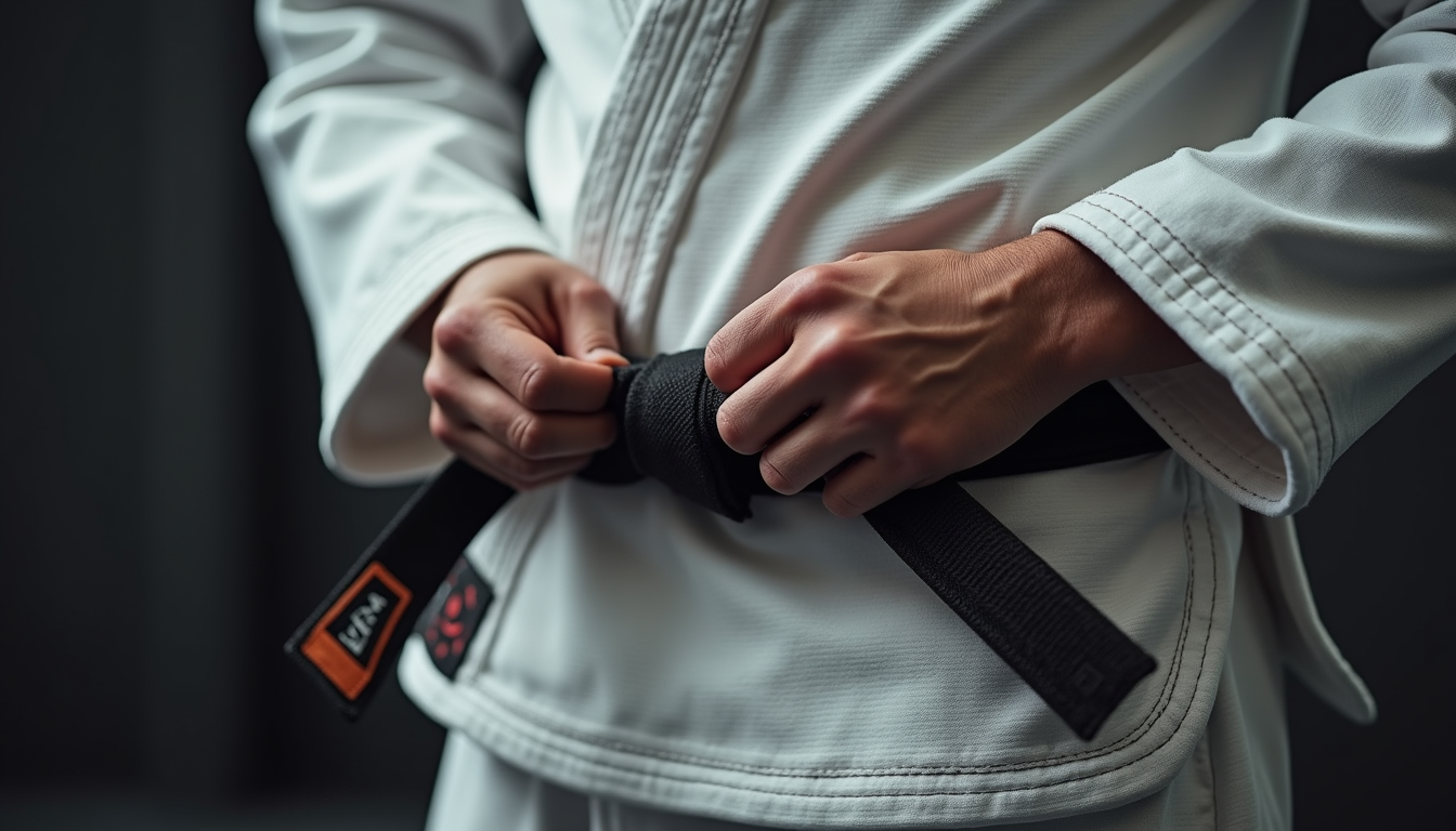 Person tightening a black belt on a white martial arts uniform with focus on hands. Gray background, label on belt visible. Mood is focused.