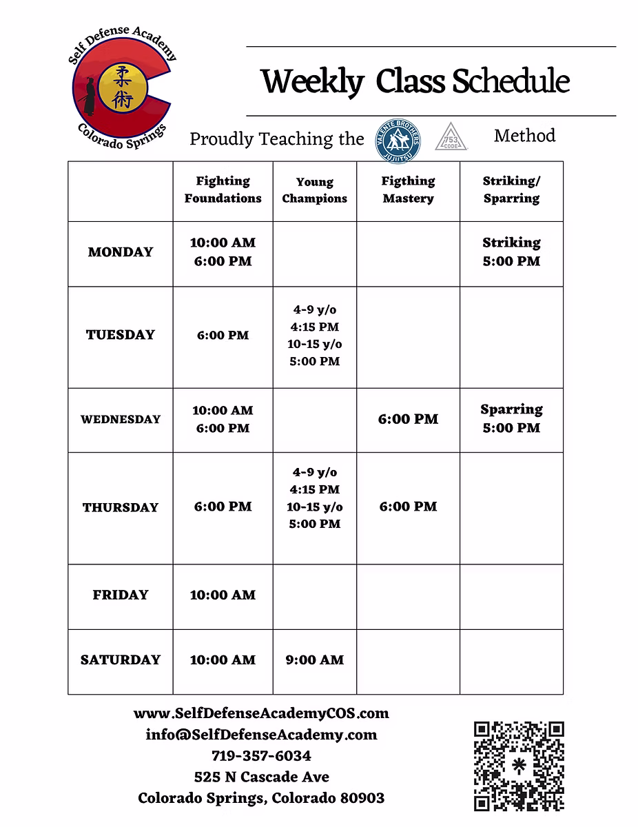 Weekly Class schedule 2026